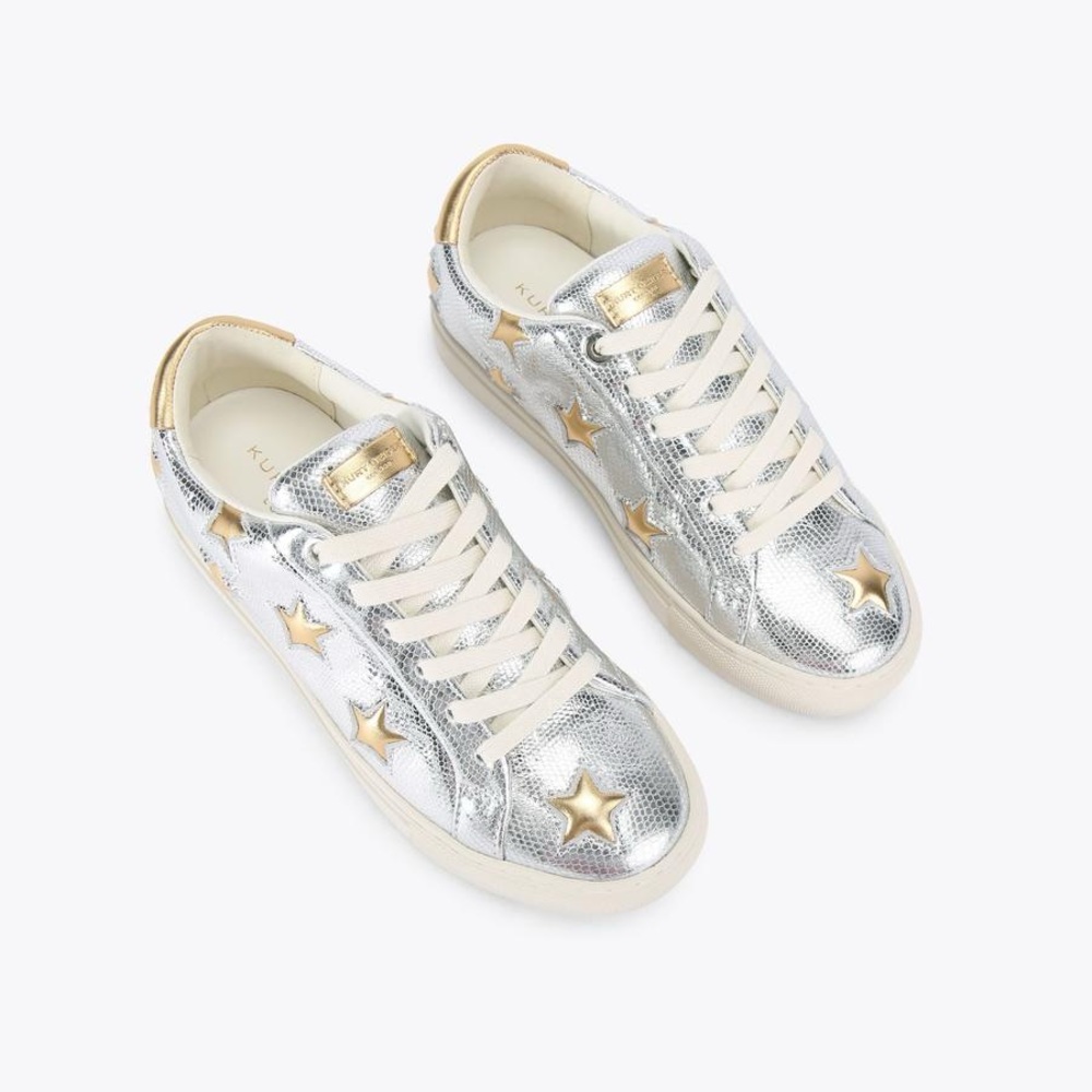 Kurt Geiger Metallic Silver Sneakers with Gold Star Accents